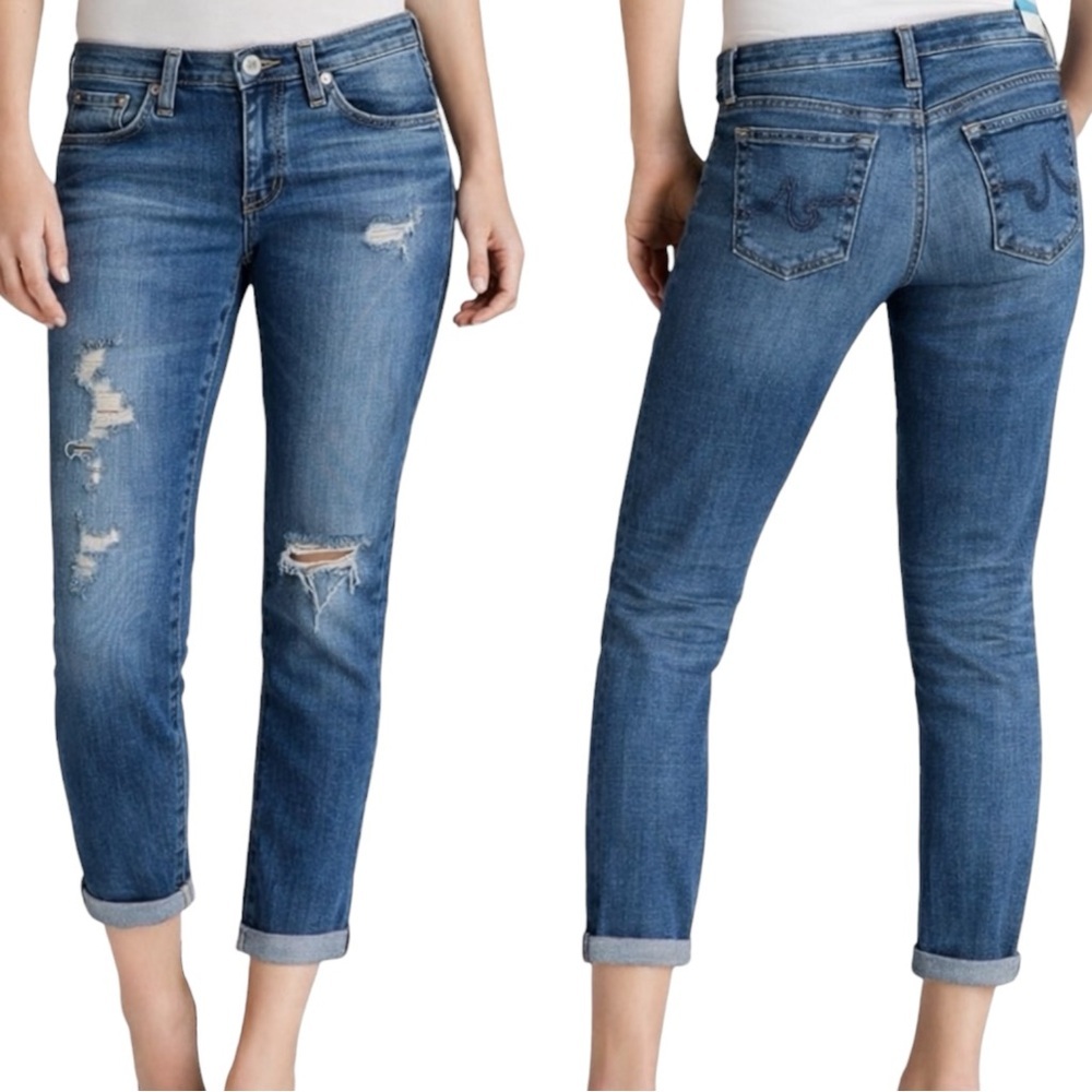 AG The Stilt Roll-Up Cigarette Roll-Up Jeans Size 27 Distressed Blue